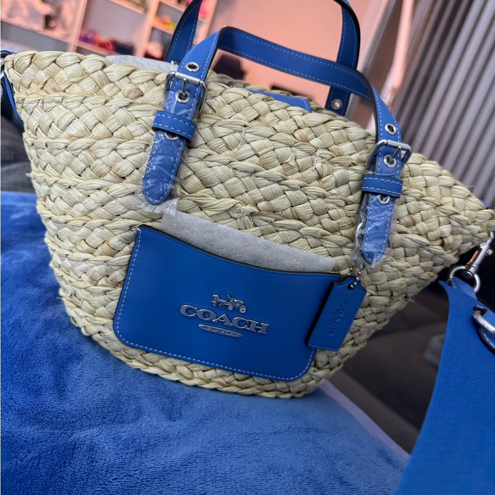 Mini Coach Straw Tote with Bright Blue Leather Accents